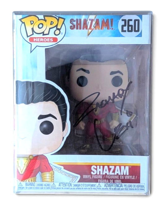 VaultifyUK Shazam #260 Funko Pop figure hand-signed by Zachary Levi in black marker with JSA authentication