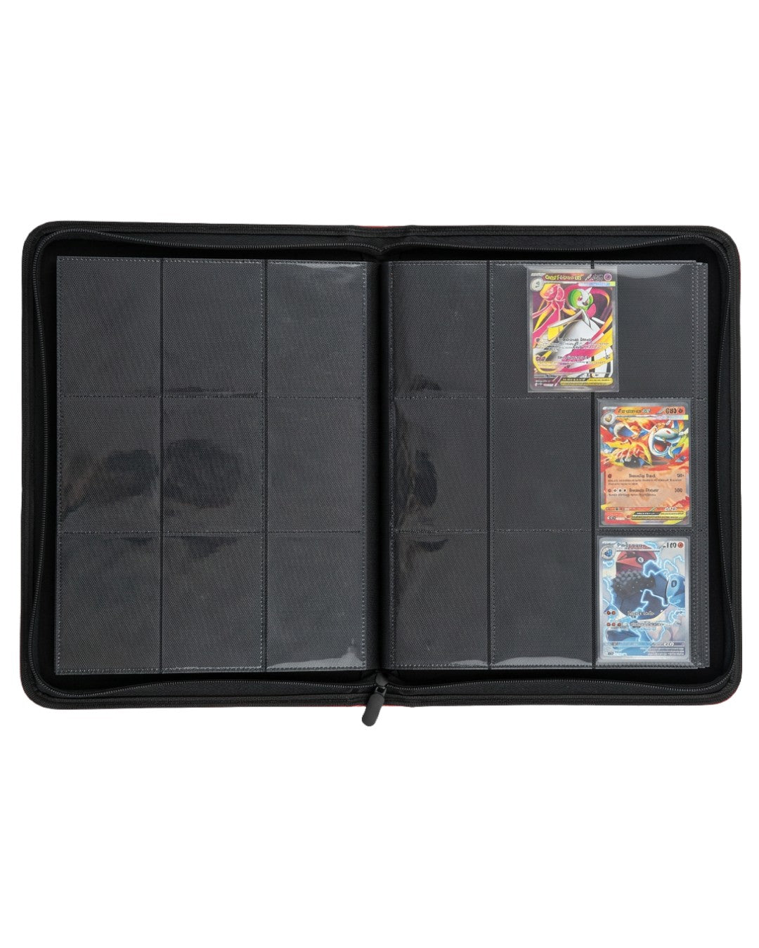 VaultifyUK Shield 9-pocket trading card binder with side-loading pages holding Pokémon cards in a black zip case.