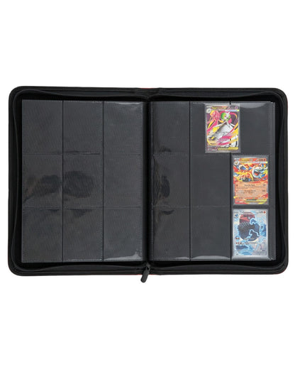 VaultifyUK Shield 9-pocket trading card binder with side-loading pages holding Pokémon cards in a black zip case.