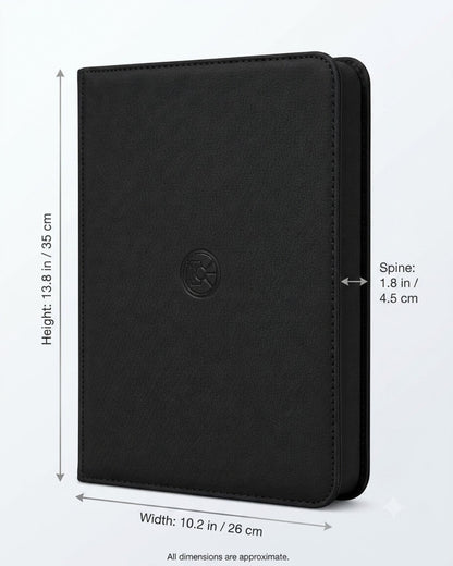 VaultifyUK Shield black 9-pocket trading card binder with dimensions shown for height, width, and spine thickness.