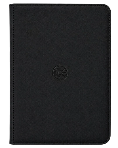 VaultifyUK Shield black 9-pocket trading card binder with a durable textured cover and central logo emblem.