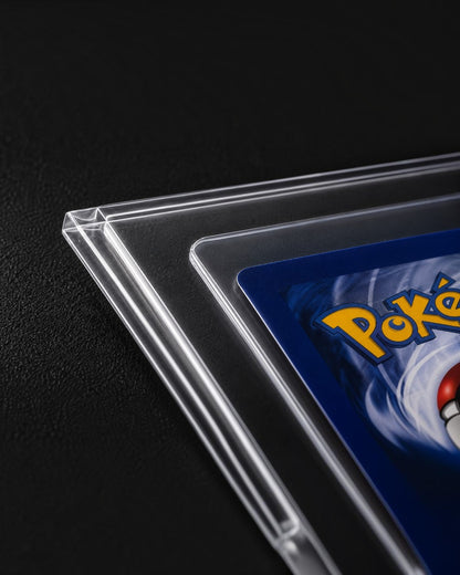 VaultifyUK Shield premium clear card sleeves protecting a standard trading card against scratches and wear.