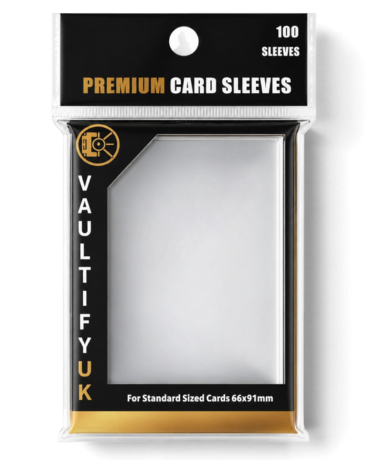 VaultifyUK Shield premium clear card sleeves in a 100-pack for standard 66x91mm trading cards