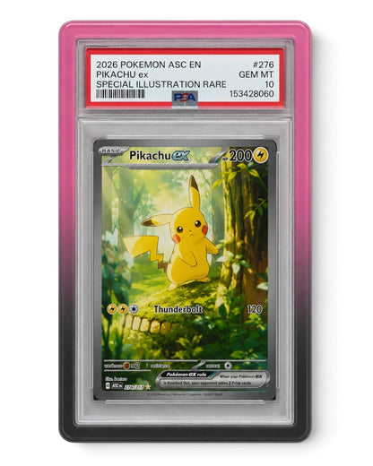 VaultifyUK Shield pink to black gradient TPU bumper protecting a PSA graded Pokemon trading card slab
