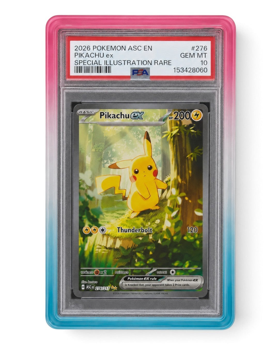 VaultifyUK Shield pink and blue gradient TPU bumper protecting a PSA graded Pikachu Pokemon card slab