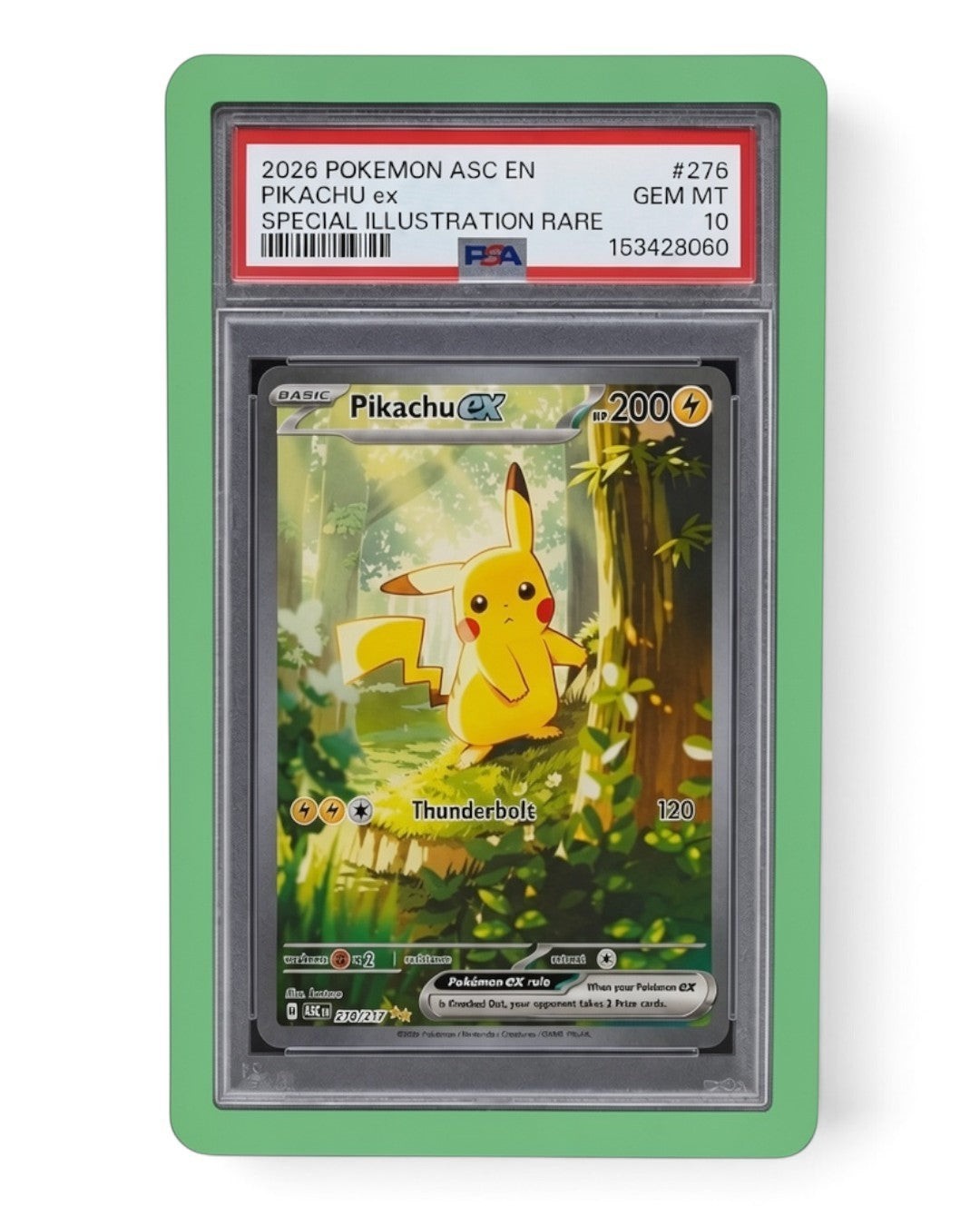 VaultifyUK Shield green TPU bumper protecting a PSA graded Pikachu Pokemon card slab