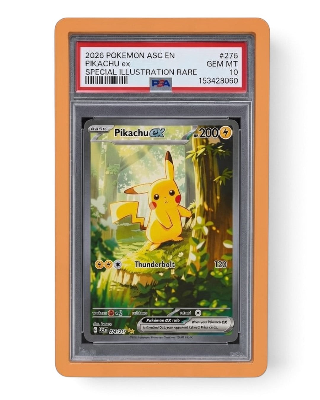 VaultifyUK Shield orange TPU bumper protecting a PSA graded Pikachu Pokemon card slab