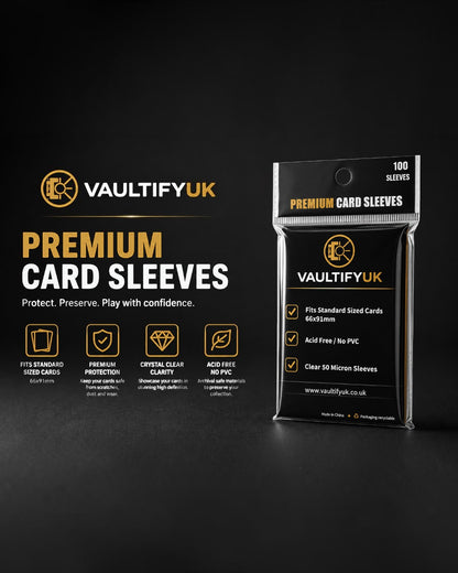 VaultifyUK Shield premium clear card sleeves pack for standard 66x91mm trading cards on a black background.