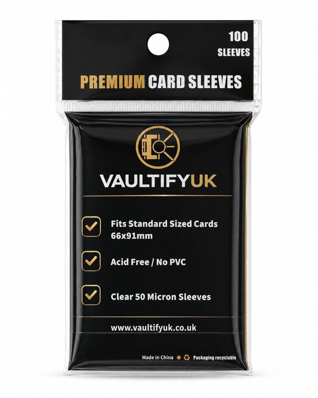 VaultifyUK Shield premium clear card sleeves in a 100-pack for standard 66x91mm trading cards, acid and PVC-free.