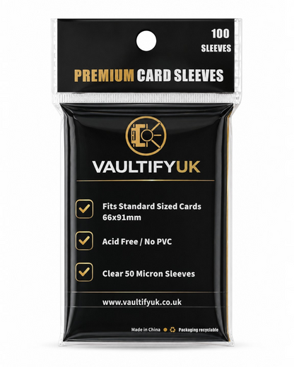 VaultifyUK Shield premium clear card sleeves in a 100-pack for standard 66x91mm trading cards, acid and PVC-free.