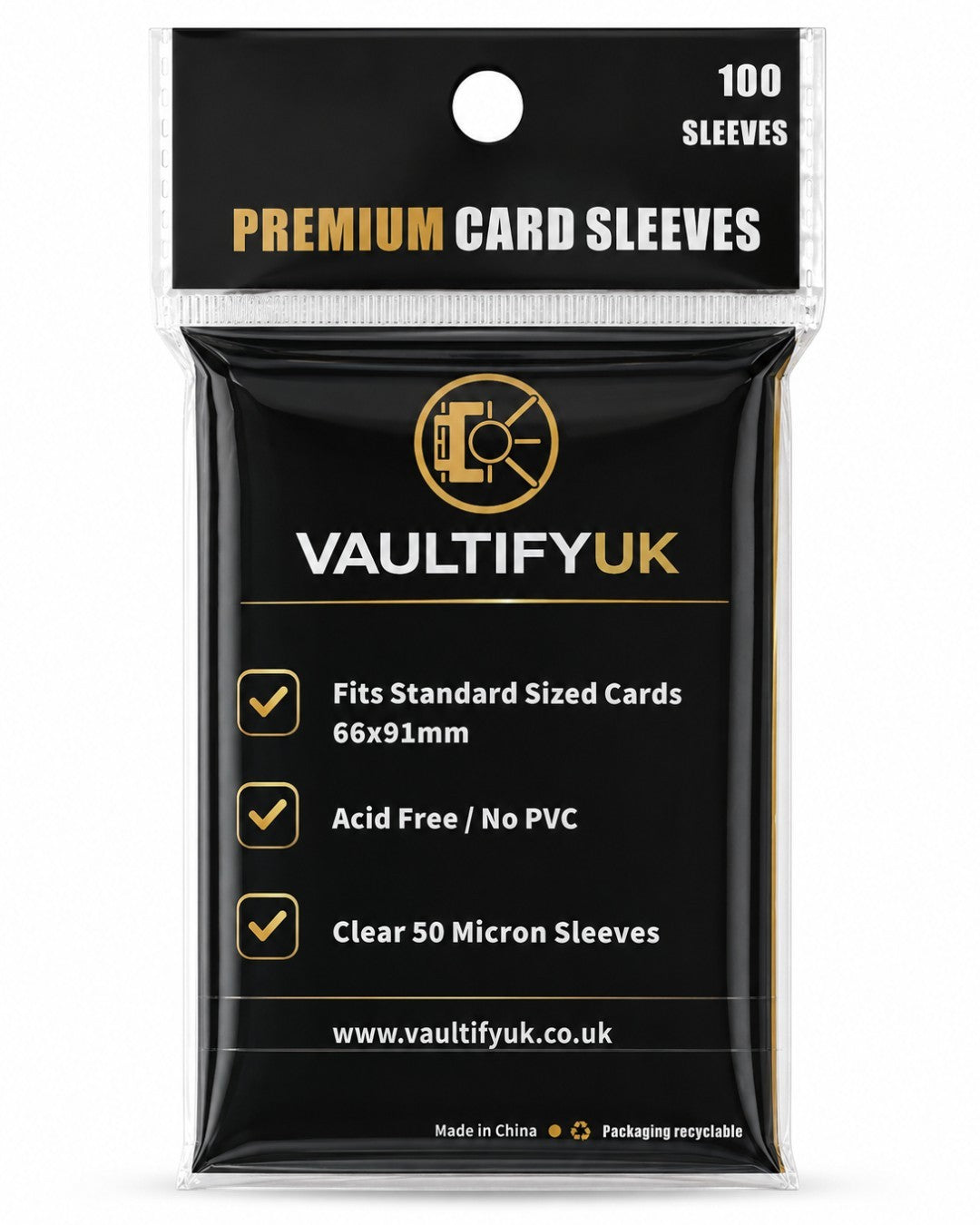 VaultifyUK Shield premium clear card sleeves for standard 66x91mm trading cards in a 100 pack