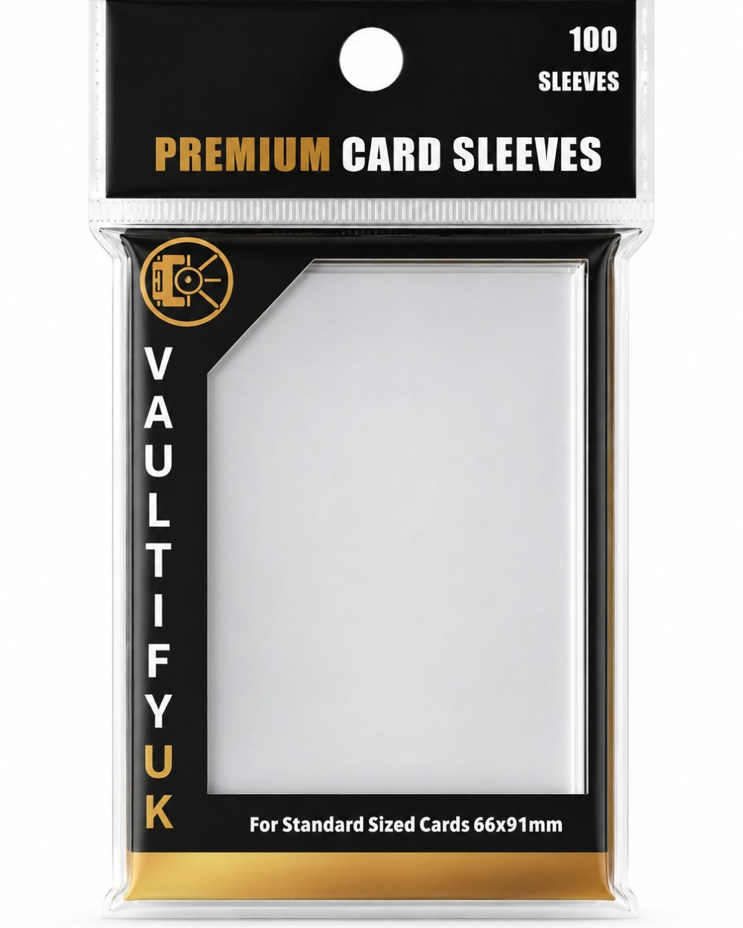 VaultifyUK Shield premium clear card sleeves for standard 66x91mm trading cards in a 100 pack retail display bag.