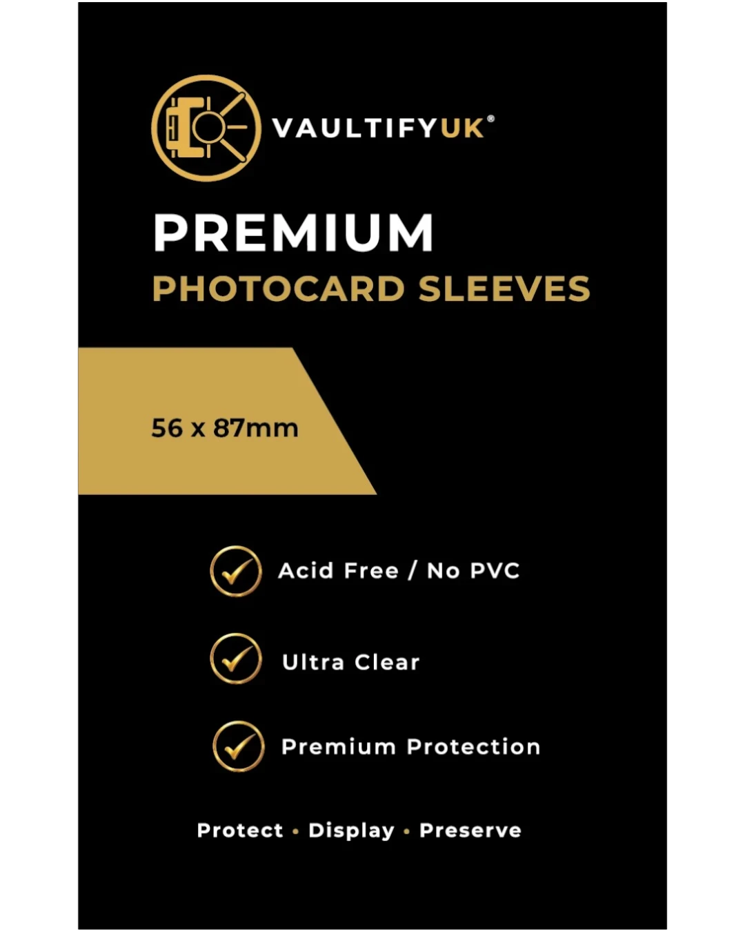 VaultifyUK Shield premium clear photocard sleeves in 56x87mm size, acid-free and PVC-free for collector protection.