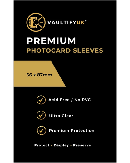 VaultifyUK Shield premium clear photocard sleeves in 56x87mm size, acid-free and PVC-free for collector protection.