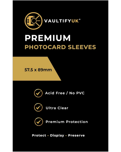 VaultifyUK Shield premium clear photocard sleeves packaging featuring 57.5 x 89mm size and acid-free material details.