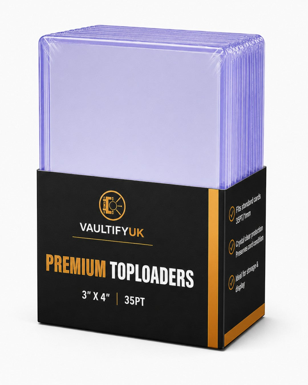 VaultifyUK Shield premium 35PT toploaders in a 25-pack box for trading card protection and display.