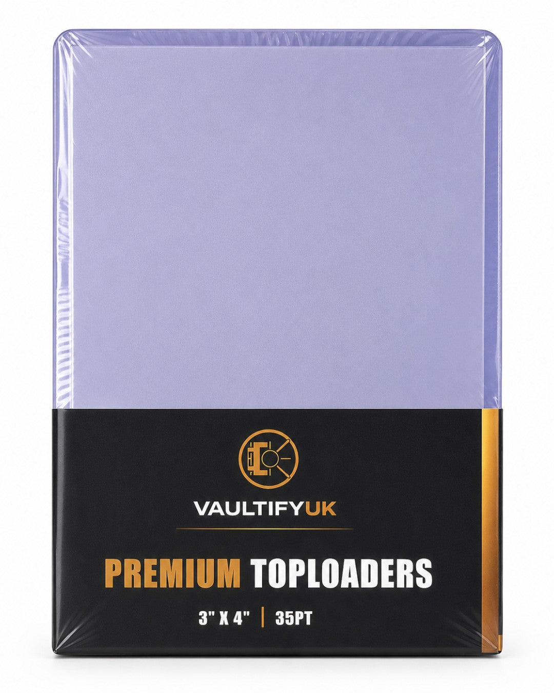 VaultifyUK Shield premium 35PT toploaders in a 25-pack, featuring clear rigid plastic for trading card protection.