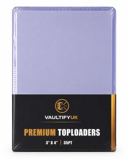 VaultifyUK Shield premium 35PT toploaders in a 25-pack, featuring clear rigid plastic for trading card protection.