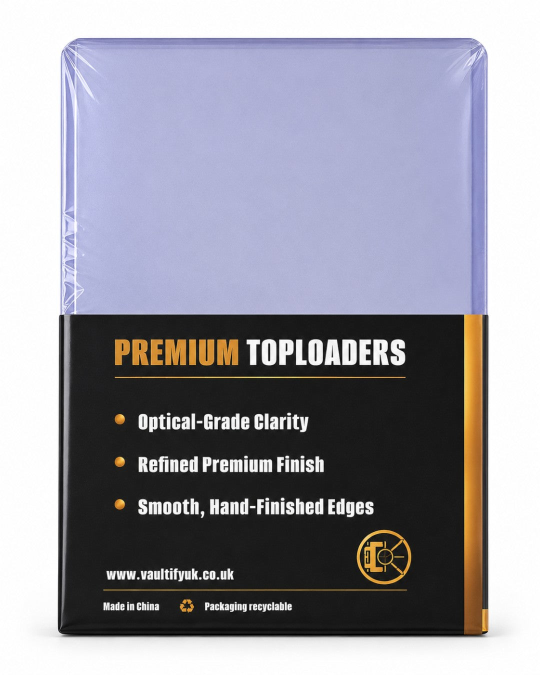 VaultifyUK Shield premium 35PT trading card toploaders in clear protective packaging for card collection storage