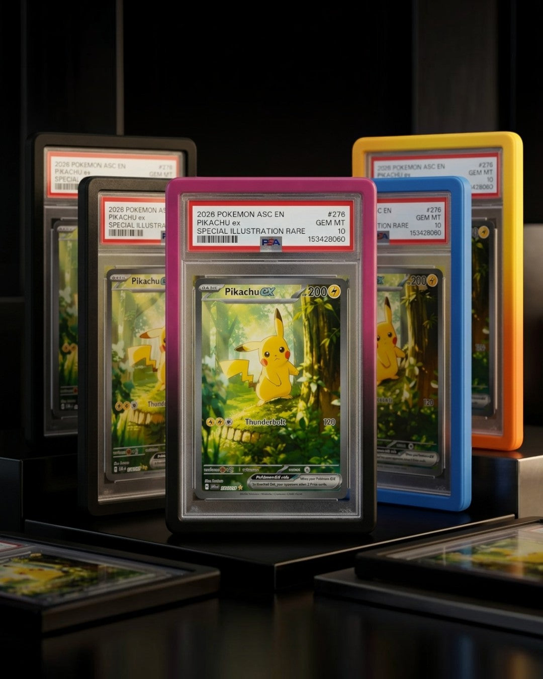 VaultifyUK Shield TPU bumpers protecting PSA graded card slabs in various colours on a display stand.