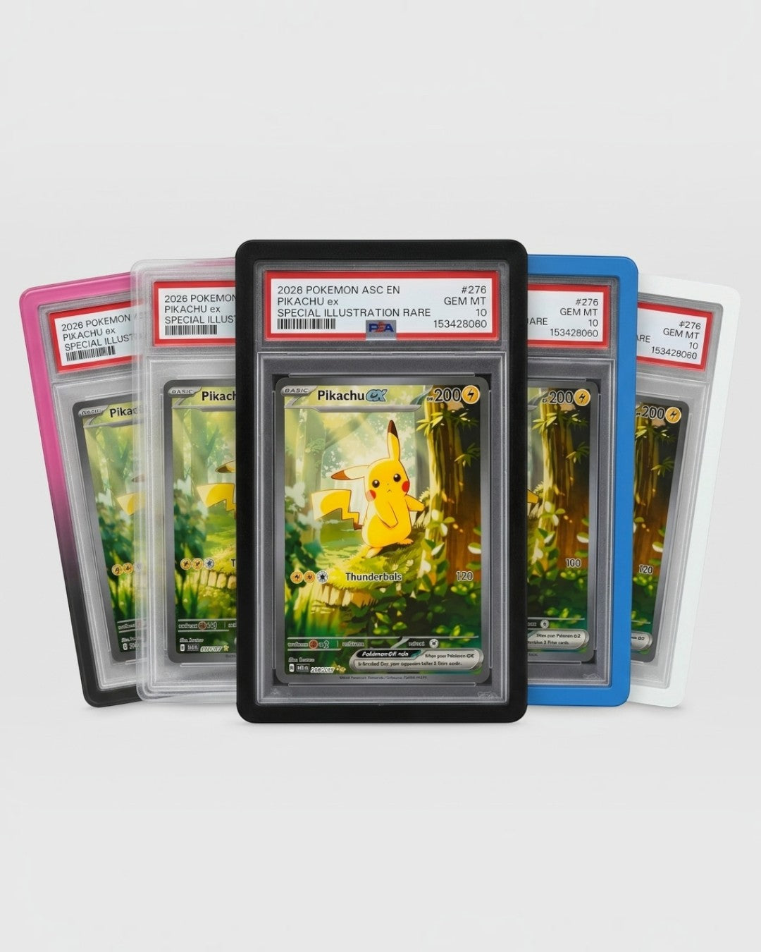 VaultifyUK Shield TPU bumpers protecting PSA graded card slabs in various colors including black, pink, blue, and white.
