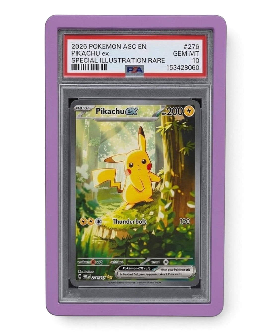 VaultifyUK Shield purple TPU bumper protecting a PSA graded Pikachu Pokemon card slab