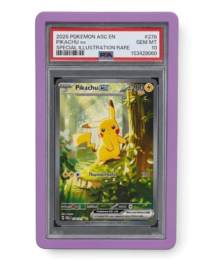 VaultifyUK Shield purple TPU bumper protecting a PSA graded Pikachu Pokemon card slab