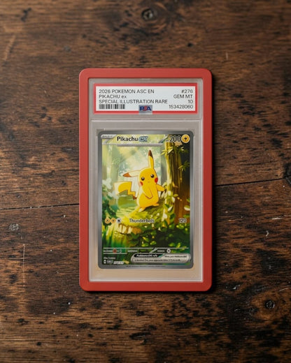 VaultifyUK Shield red TPU bumper protecting a PSA graded Pikachu Pokemon card slab on a wooden desk