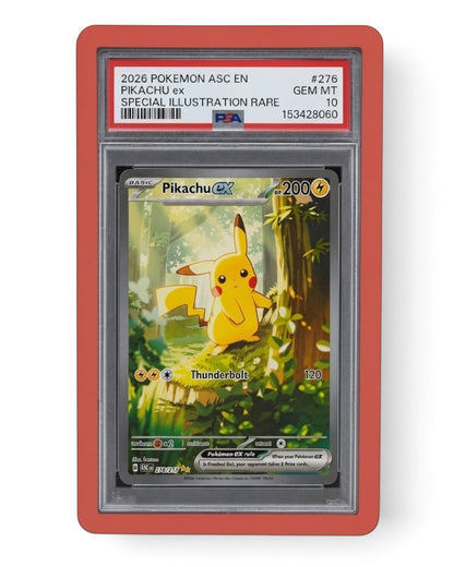 VaultifyUK Shield red TPU bumper protecting a PSA graded Pikachu Pokemon card slab