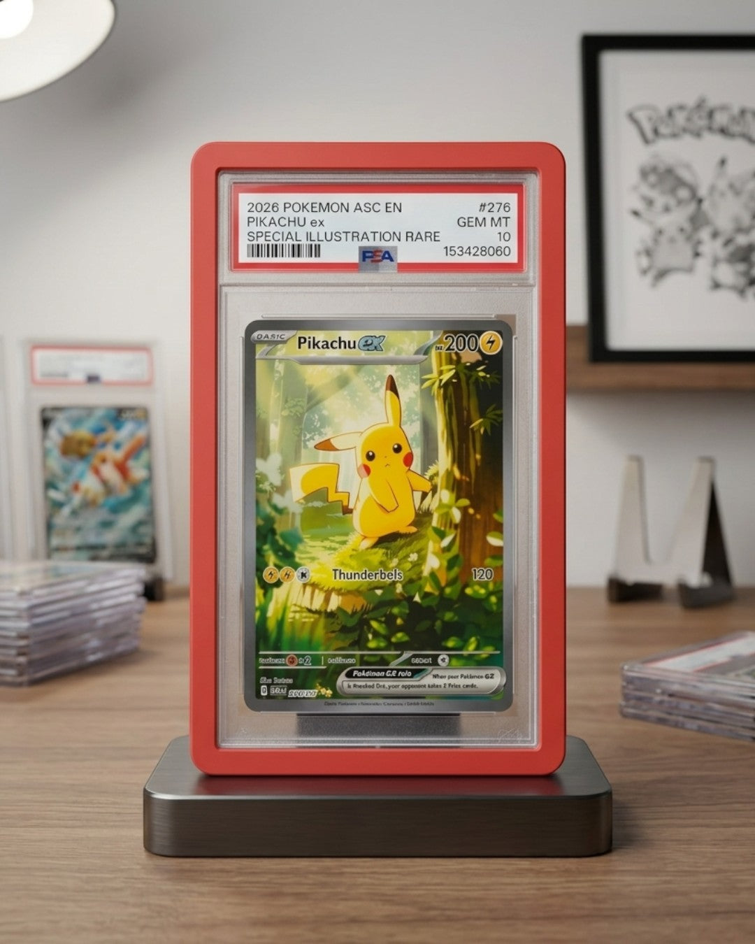 VaultifyUK Shield red TPU bumper protecting a PSA graded Pikachu Pokemon card slab on a wooden desk