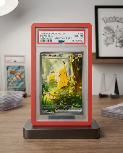 VaultifyUK Shield red TPU bumper protecting a PSA graded Pikachu Pokemon card slab on a wooden desk