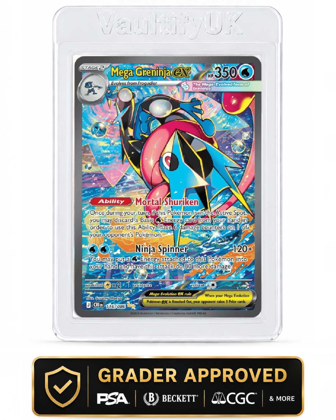 VaultifyUK Shield semi-rigid card holder protecting a Mega Greninja ex trading card for professional grading
