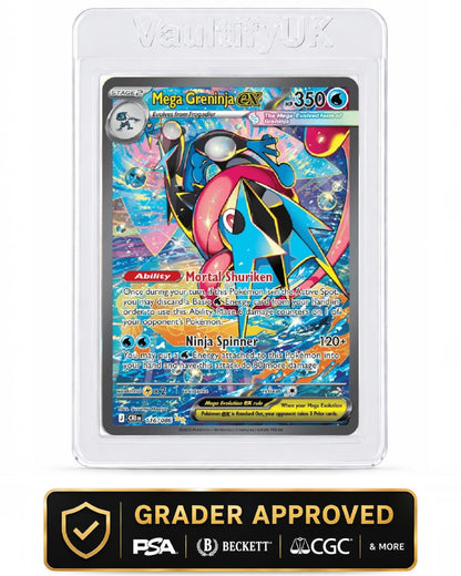 VaultifyUK Shield semi-rigid card holder protecting a Mega Greninja ex trading card for professional grading