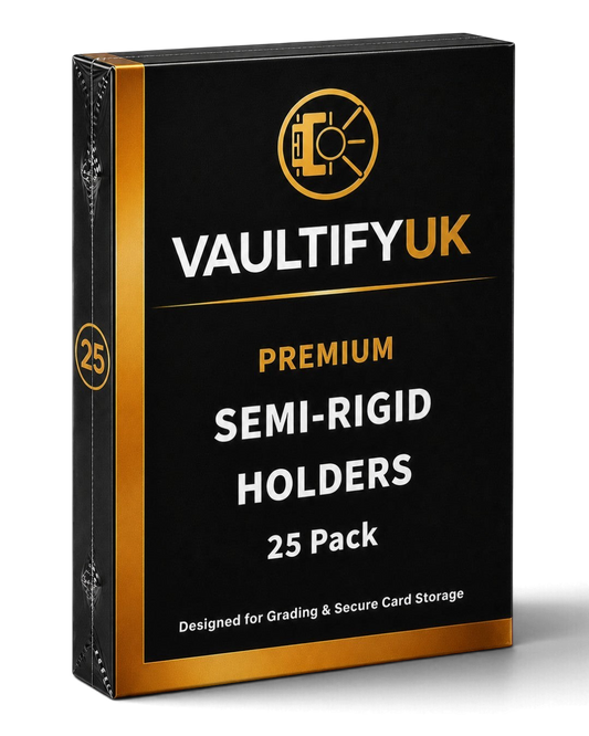 VaultifyUK Shield premium semi-rigid card holder 25 pack box for trading card grading and secure storage