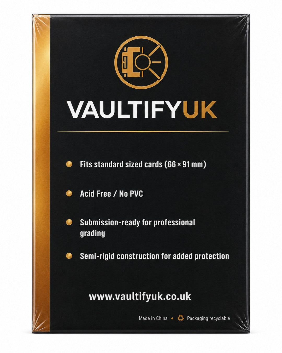 VaultifyUK Shield premium semi-rigid card holder packaging for standard trading cards and grading submissions