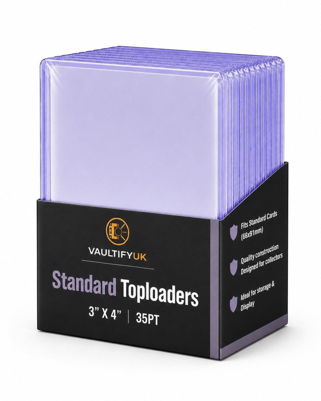 VaultifyUK Shield pack of 25 crystal-clear rigid plastic 3x4 inch 35PT standard trading card toploaders