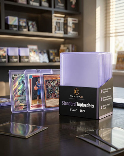 VaultifyUK Shield standard 35PT toploaders in a display box with protected trading cards on a wooden desk