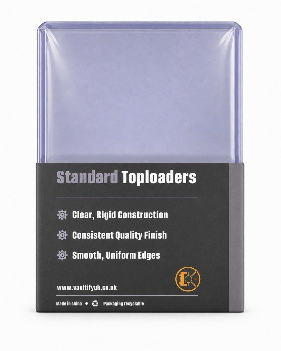 VaultifyUK Shield standard 3x4 inch 35PT trading card toploaders in clear rigid plastic packaging