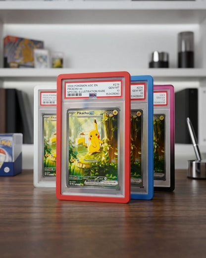 VaultifyUK Shield TPU bumpers in red, blue, black, and pink protecting PSA graded trading card slabs on a desk.