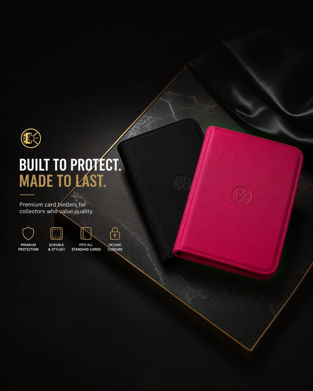 VaultifyUK Shield trading card binders in black and pink with a premium textured finish on a dark marble surface.