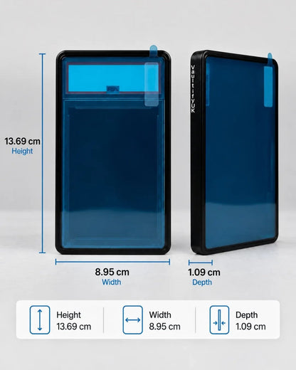 VaultifyUK Showcase aluminium display case for BGS graded cards with dimensions shown on a white background