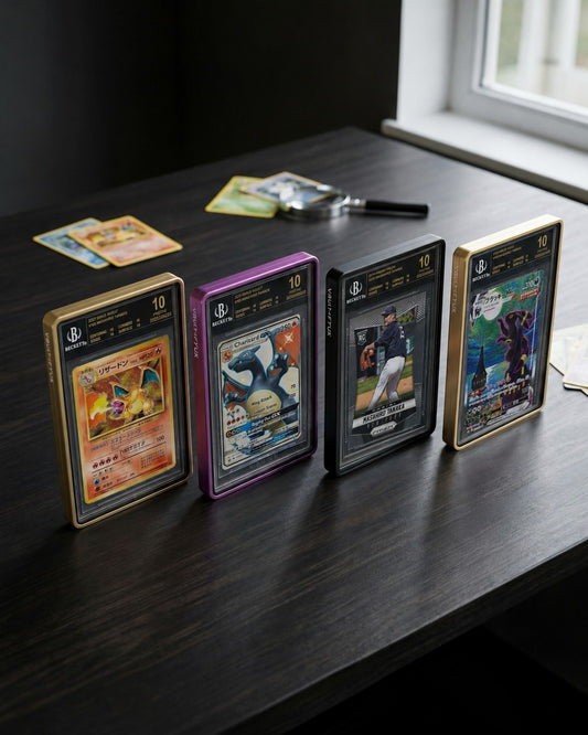VaultifyUK Showcase aluminium BGS slab display cases in gold, purple, black, and silver on a dark wooden desk.
