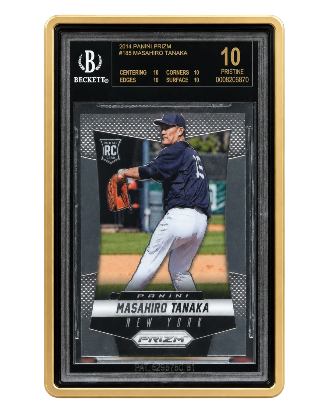 VaultifyUK Showcase gold aluminium display case protecting a BGS graded Masahiro Tanaka baseball card