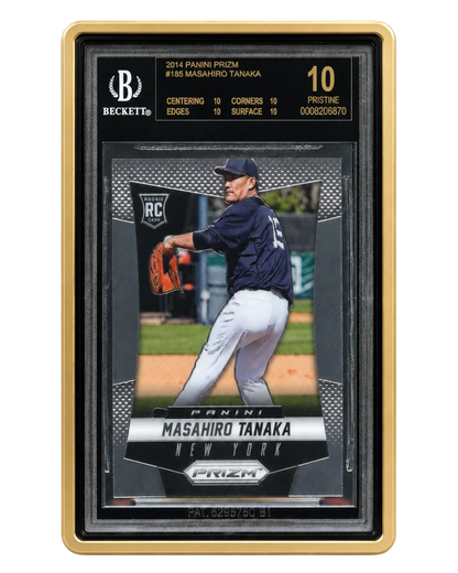 VaultifyUK Showcase gold aluminium display case protecting a BGS graded Masahiro Tanaka baseball card