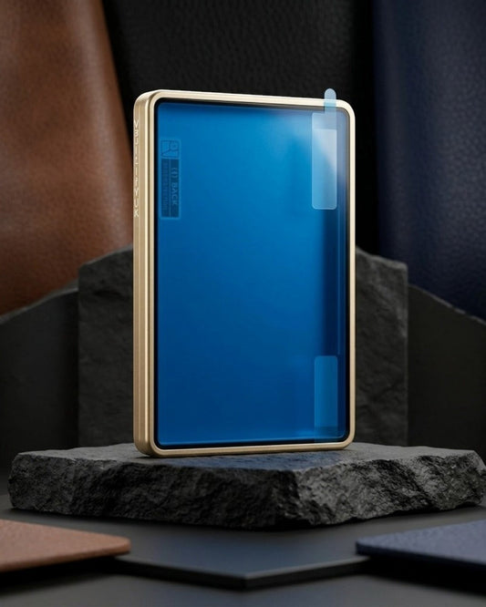 VaultifyUK Showcase gold aluminium PSA slab display case with protective film on a dark stone pedestal.