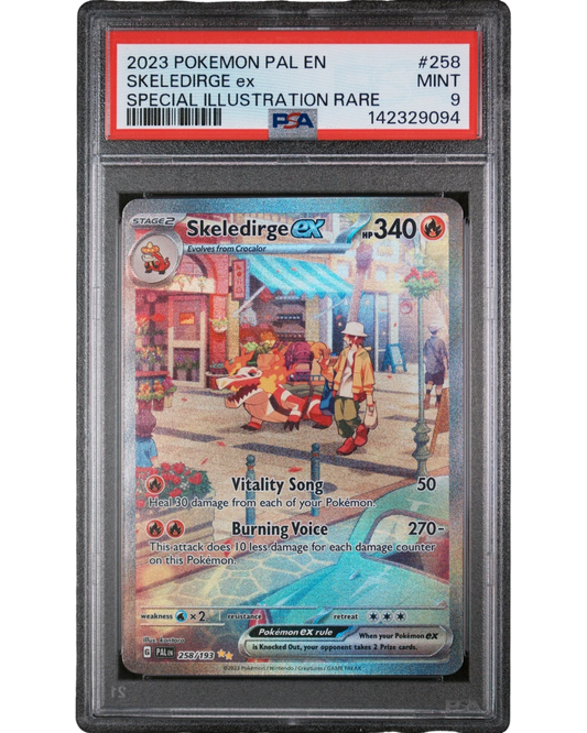 VaultifyUK PSA 9 Mint Skeledirge ex #258 Special Illustration Rare Pokémon card with full-art city scene artwork.