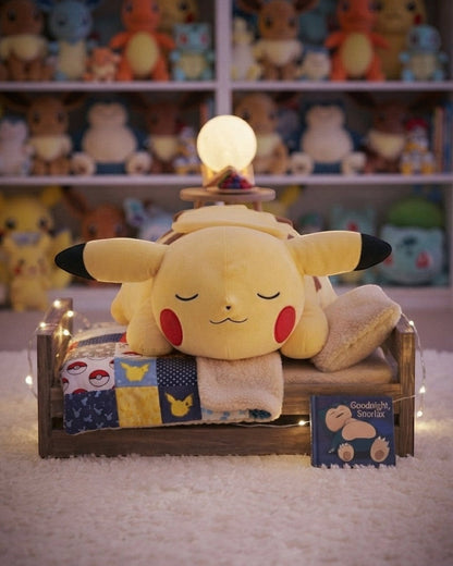 VaultifyUK 18-inch sleeping Pikachu plush toy with soft yellow fabric and embroidered details on a miniature wooden bed.