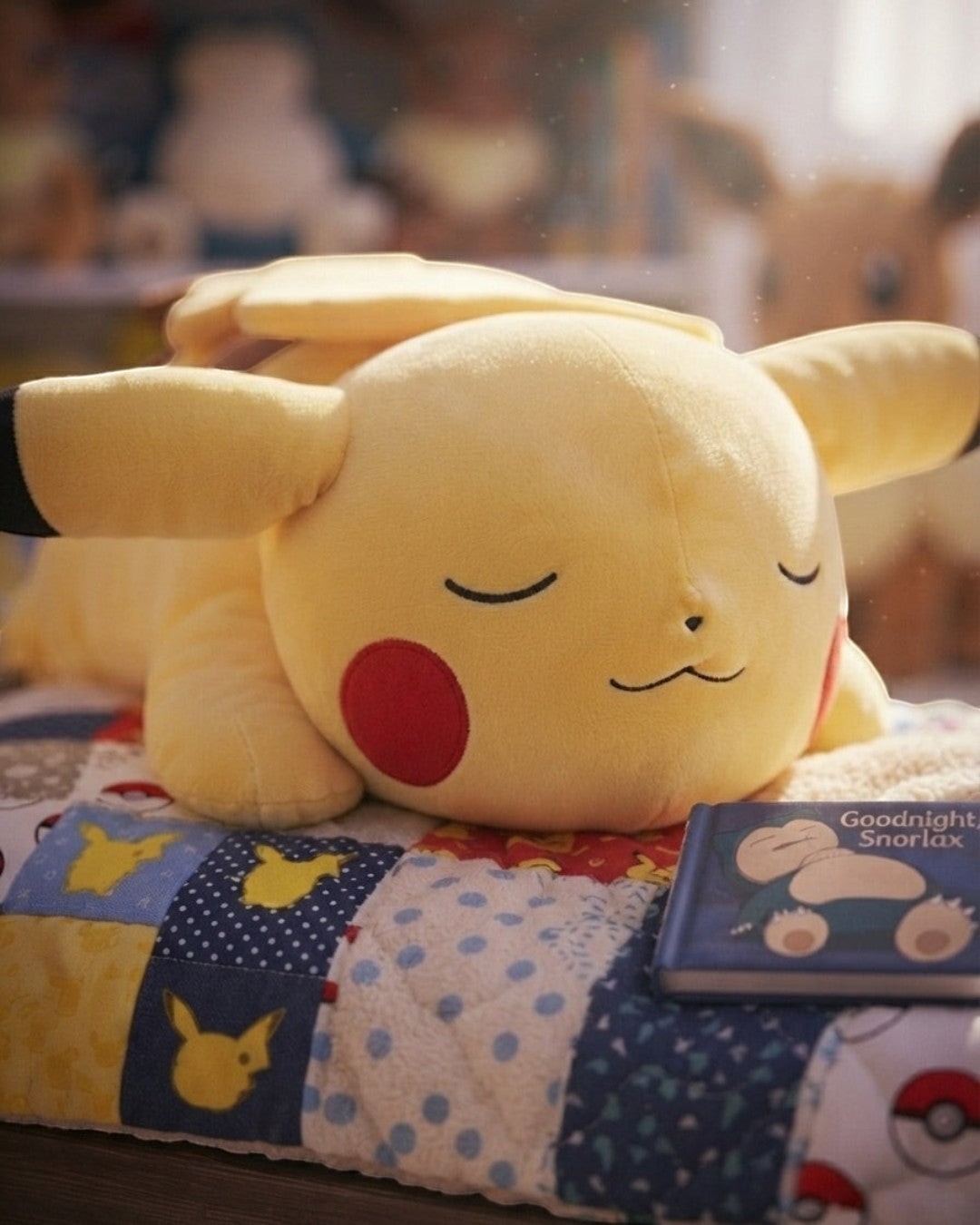 VaultifyUK 18-inch Sleeping Pikachu plush toy in soft yellow fabric with embroidered details resting on a quilt.