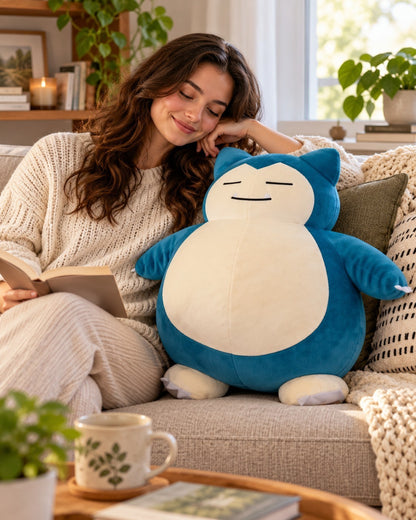 VaultifyUK 45cm Sleeping Snorlax plush toy sitting on a cozy sofa next to a woman reading a book.