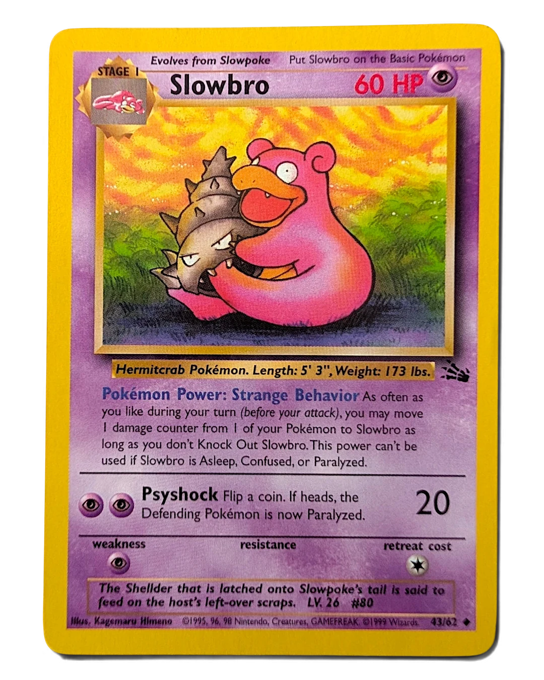VaultifyUK vintage 1999 Pokémon TCG Fossil Slowbro 43/62 unlimited edition trading card in light play condition